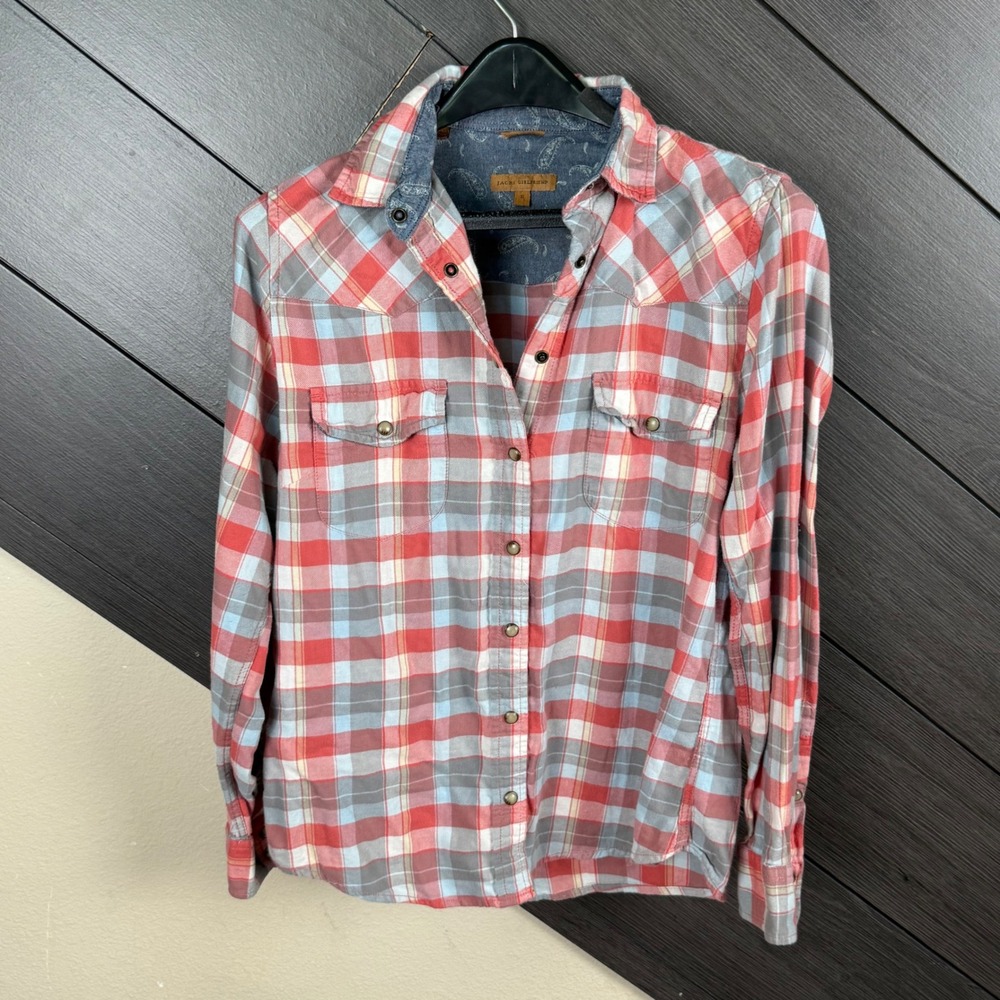 Jachs Girlfriend Bea Women's Small Plaid Pearl Snap Shirt Pink Blue Western